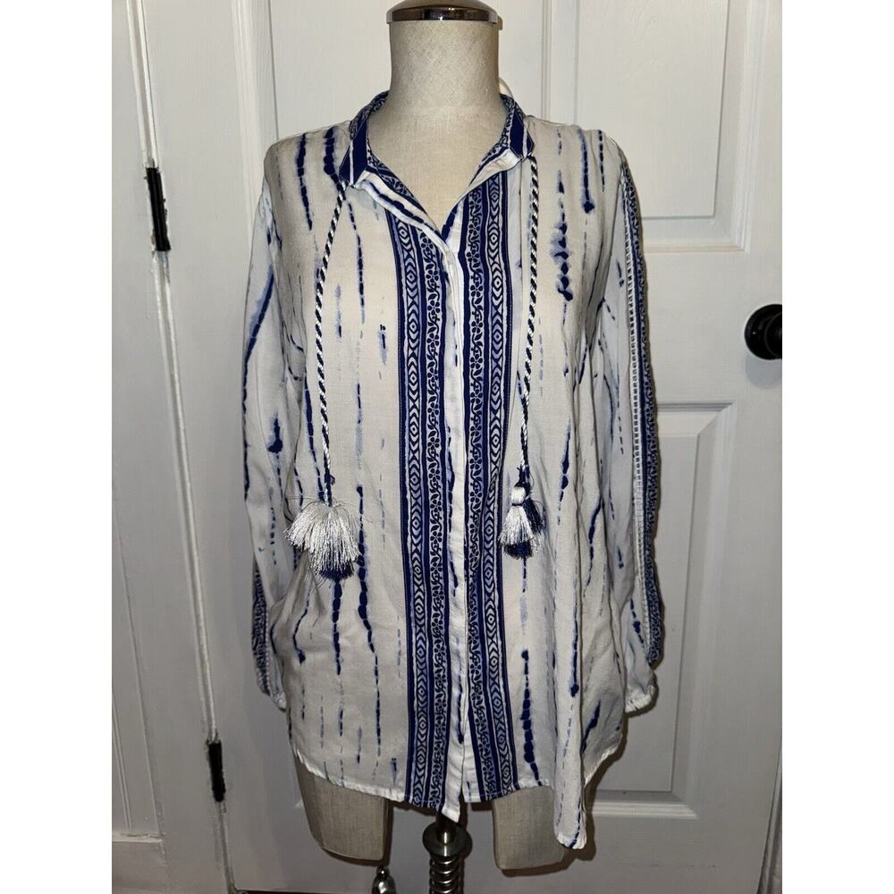 Chico's‎ Womens Long Puff Sleeve Boho Blouse Size 2P White Blue Tie Die Tassels